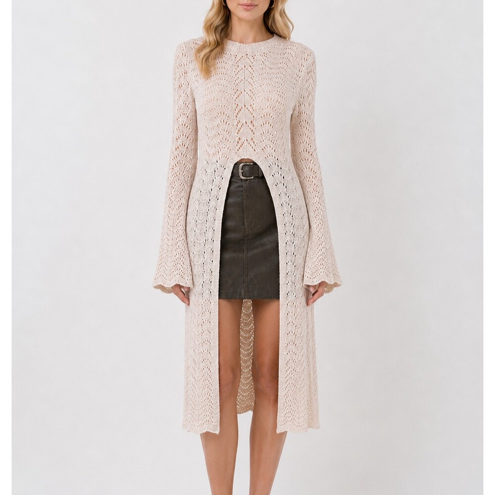 CHICME Scallop Trim Knit Split Front Hollow Out Cover Up Top Dress - Medium